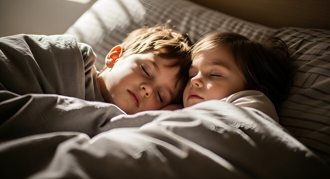Close up Adorable Children Sleeping Peacefully in Comfortable Bed Together