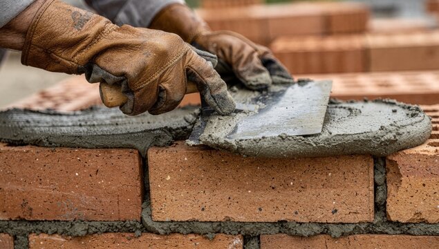 Closeup Mason Hands Applying Mortar On Brick, Gloved Hands Using Steel Trowel To Smooth Fresh Mortar