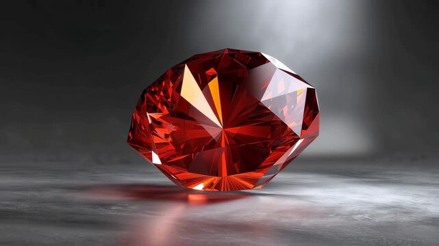 Large red crystal sits on a gray surface with light reflecting off its facets in a studio setting