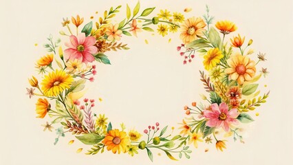 Obraz premium Vibrant watercolor floral wreath design, perfect for invitations, cards, and various decorative projects featuring a charming arrangement of blossoms and leaves in a circular frame.