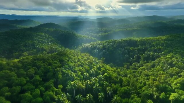 ecology concept background with tropical forest from aerial view, moody clouds and sun rays over wilderness