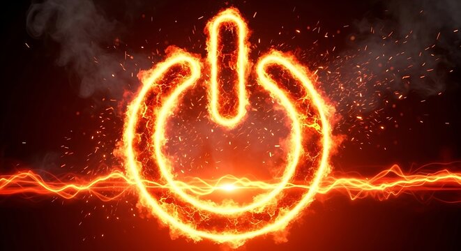 A power button icon made entirely of blazing fire and molten energy, realistic flames wrapping around the circular symbol