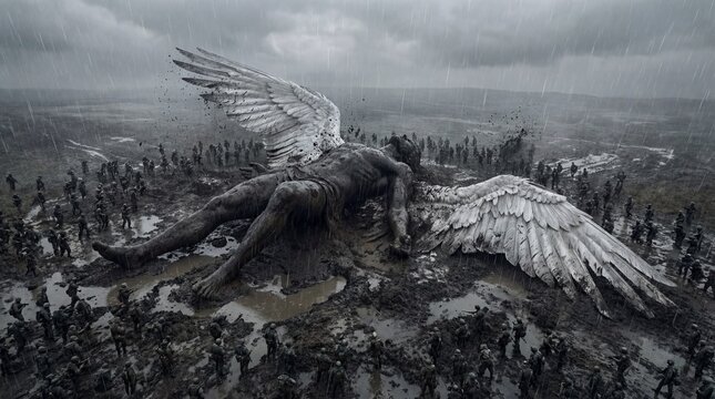 Fallen Caucasian Angelic Giant Lies Amid Mossy Pines Shattered Stone And Massive Wings Draped Over Pulverized