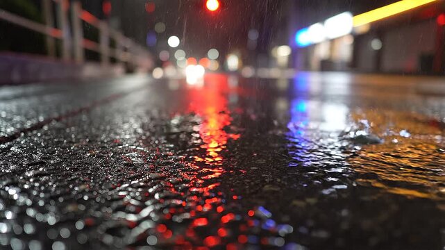 A compelling video of vibrant red and blue lights reflecting on a dark, wet asphalt road at night, revealing an atmospheric urban scene with blurry streetlights