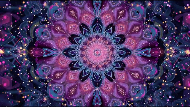 Abstract kaleidoscopic mandala pattern with glowing particles and bokeh lights