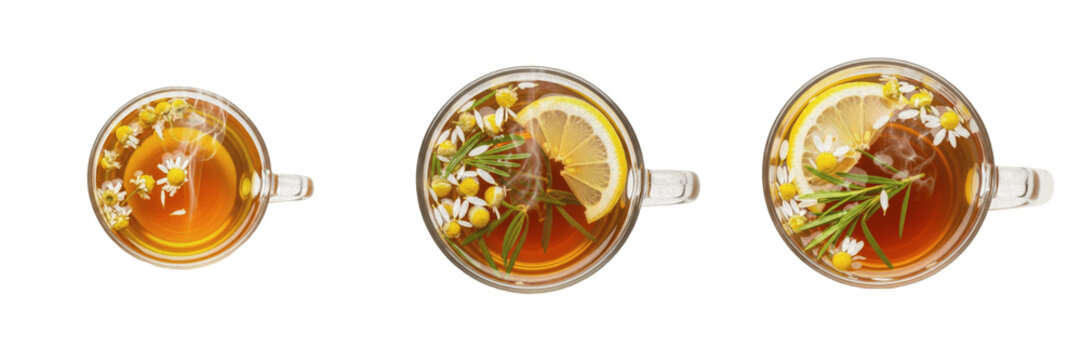 Chamomile tea in glass cup top-down view isolated on white background, Matricaria chamomilla herbal infusion, calming tea, caffeine-free, sleep aid, floral tea, medicinal tea, wellness drink, healthy 