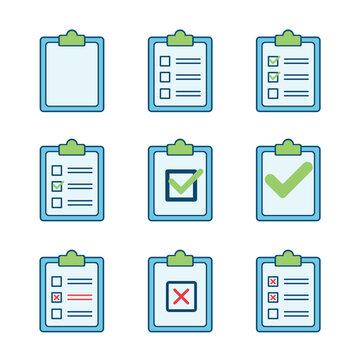 Checklist Clipboard Icons Collection, To Do List, Checkmark, Approved and Rejected Vector Set