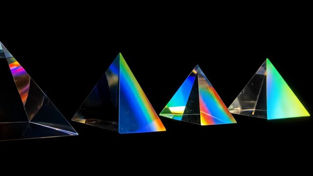 Four prisms split white light into rainbow colors on a black background