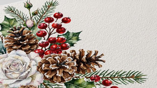 Christmas botanical corner design on white textured paper