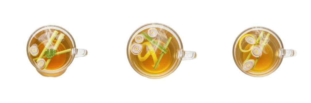 Lemongrass tea in glass cup top-down view isolated on white background, Cymbopogon citratus herbal tea, caffeine-free beverage, digestive tea, aromatic herbal infusion, wellness hot drink, healthy tea