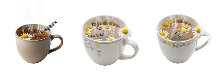 Chamomile and lavender tea steaming in mug isolated on white background, Matricaria chamomilla and Lavandula angustifolia herbal infusion, calming hot beverage, caffeine-free wellness tea, floral herb © Greate