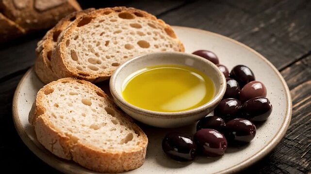 Close-up of bread slices, olives, and olive oil in a bowl, arranged on a plate