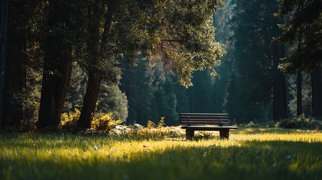 Secluded wooden seat rests upon bright green lawn surrounded by dark.