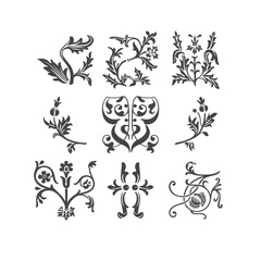 Set of ornate floral heraldry elements and decorative vintage crest ornaments vector