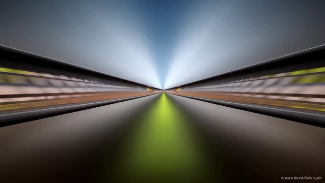 View of two parallel lines leading to a bright light in a dark setting with glowing elements along the path