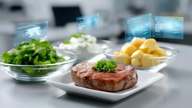 Cooked meat with sides and digital displays showing food information in a modern kitchen setting