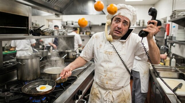 Panicked Chef Juggling Oranges and Phones While Frying an Egg