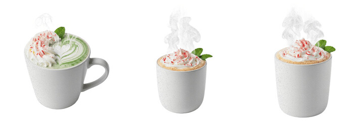 Peppermint latte in ceramic mug steaming isolated on white background, Mentha piperita with milk foamy beverage, caffeine-free aromatic hot drink, antioxidant wellness tea, creamy herbal latte © Greate