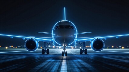 Airliner with neon lights on runway