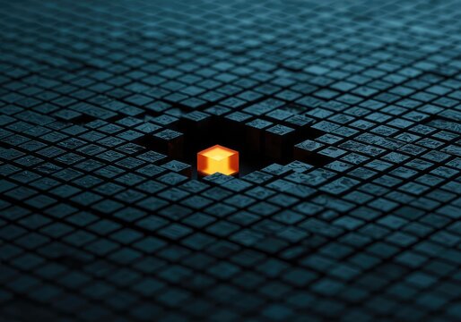 A critical digital failure displayed as a single missing pixel, creating a visual void or empty space in the uniform digital structure grid, blank, grid, background