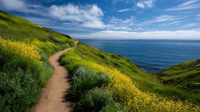 Winding dirt path meanders through green coastal hills beside the deep blue Pacific Ocean.