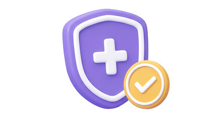 Obraz premium 3D Purple Medical Shield Plus Icon with Checkmark – Verified Healthcare First Aid Protection Illustration