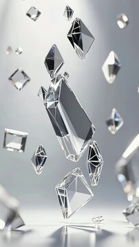 Floating and rotating transparent diamonds and crystals