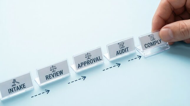 Document compliance workflow with intake review approval audit and comply tabs in clear holders on pastel blue background for business process banner