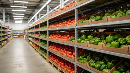 Warehouse with shelves of fresh produce