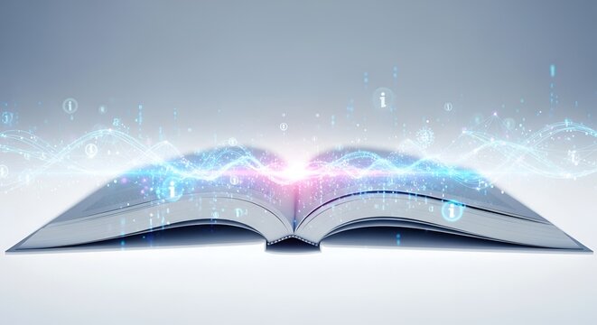 Open book with glowing information waves and symbols emanating from pages
