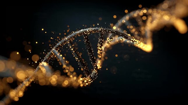 Golden DNA helix structure with sparkling particles on dark background