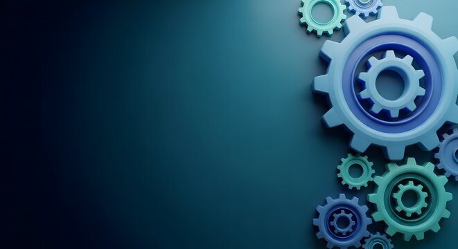A collection of interlocking gears in various shades of blue and teal on a dark background.