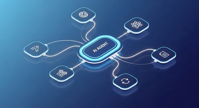 Nvidia's logo connected to various icons on a blue gradient background