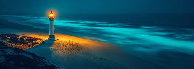Serene Night View of Lighthouse with Ocean Waves and Mystical Light © Jeerawat
