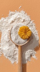 Generative AI, Dried chrysanthemum in wooden scoop on rice powder with terracotta background