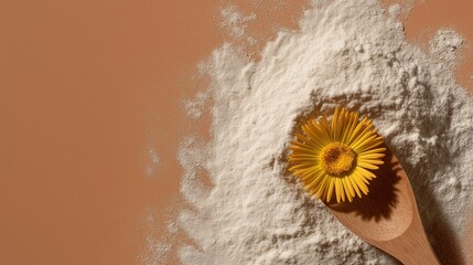 Generative AI, Dried chrysanthemum in wooden scoop on rice powder with terracotta background