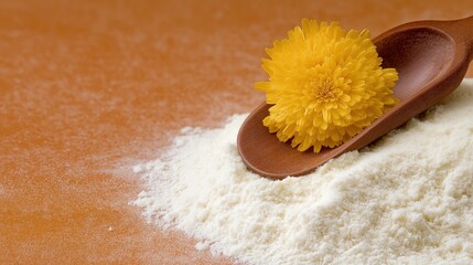 Generative AI, Dried chrysanthemum in wooden scoop on rice powder with terracotta background