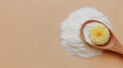 Generative AI, Dried chrysanthemum in wooden scoop on rice powder with terracotta background
