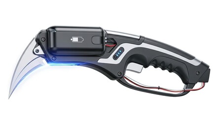 Sleek futuristic combat blade featuring an illuminated blue energy edge and integrated power display, a high-tech tactical weapon design for sci-fi concepts
