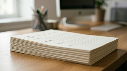 Stack of blank resume forms arranged on wooden table in modern office setting, symbolizing career preparation, recruitment process, and professional job application documentation