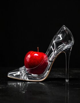 Red Poison Apple inside a Transparent Glass Slipper