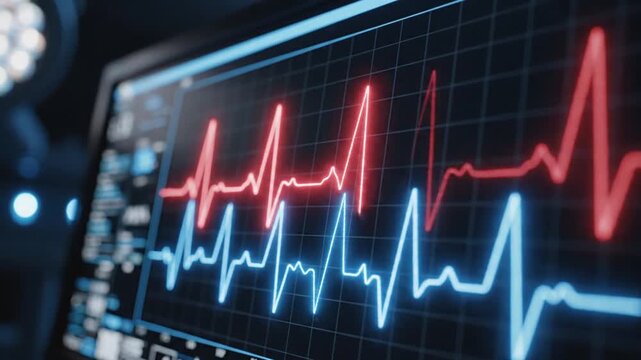 Red and blue ECG waveforms on a medical monitor displaying vital signs data