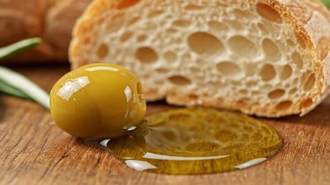 Close-up of olive, olive oil, and bread on wooden surface, highlighting freshness and texture