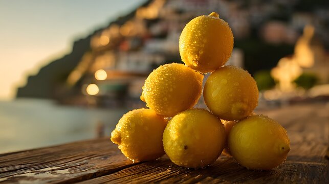 Pyramid of fresh, dewy lemons sits on weathered wood by the sea.