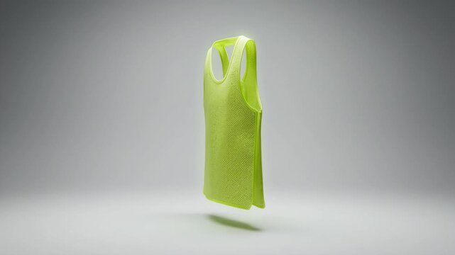 The Arc of the Bib. Soccer/Football. Studio Action-Inspired Product Photography. Motion Illusion. A neon yellow training bib suspended in a perfect arc, set in a high-key white studio with lighting
