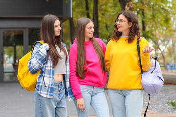 Happy teenage girls speaking on city street
