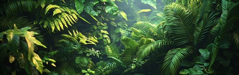 Lush Green Foliage in a Dense Tropical Forest with Soft Lighting