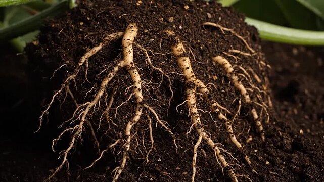 Close-up of plant roots in dark soil, showcasing intricate network and detailed texture