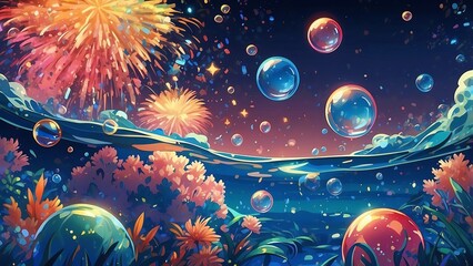 ゲーム背景　海の世界のお祭り背景と花火