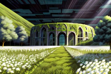 ゲーム背景　未来社会のビル屋内に作られた研究所風温室